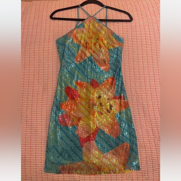 Junior’s T-Neck Lily Placement Sequin Bodycon Dress - Picture 3 of 6